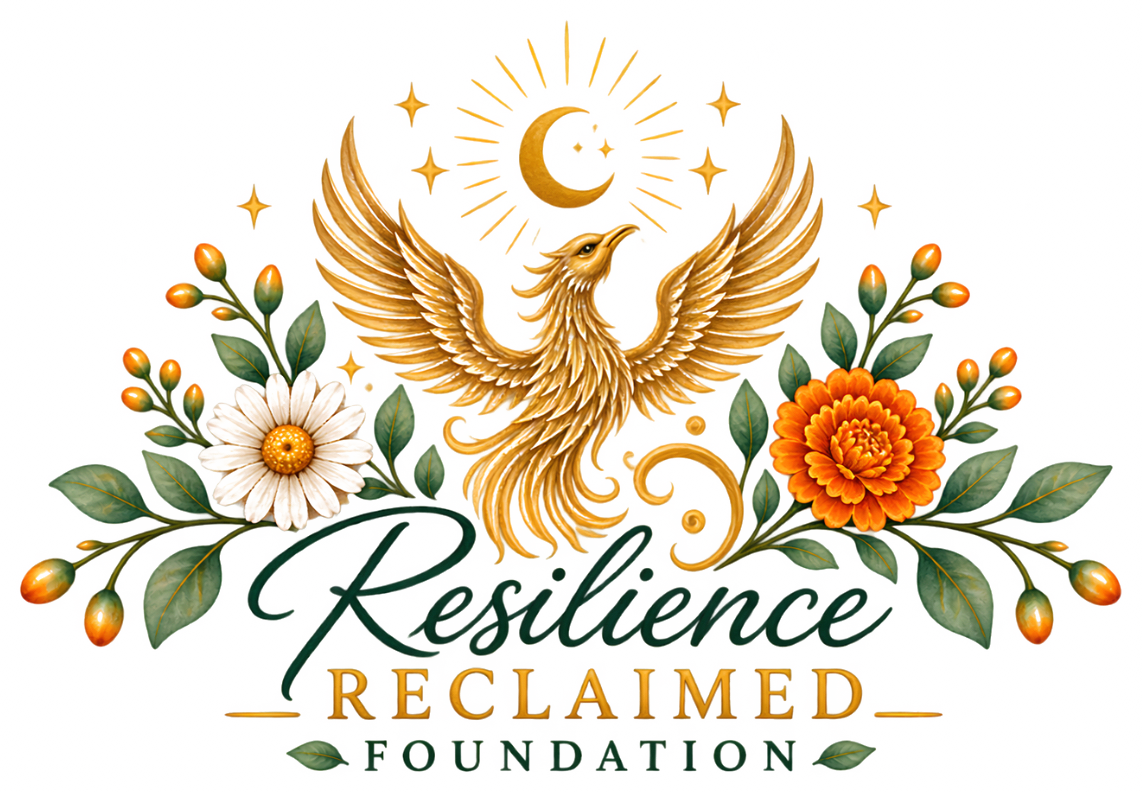 Resilience Reclaimed Foundation logo: a golden phoenix with a daisy and a marigold